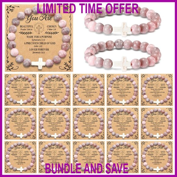 16 Cross Beaded Bracelets with Bible Cards Natural Stone Faith Gifts - Picture 1 of 7